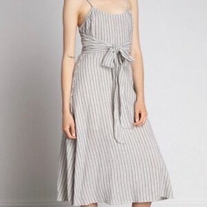 Grade & Gather Bohme Striped Front tie Tan‎ Cream Midi Dress Women Size Small